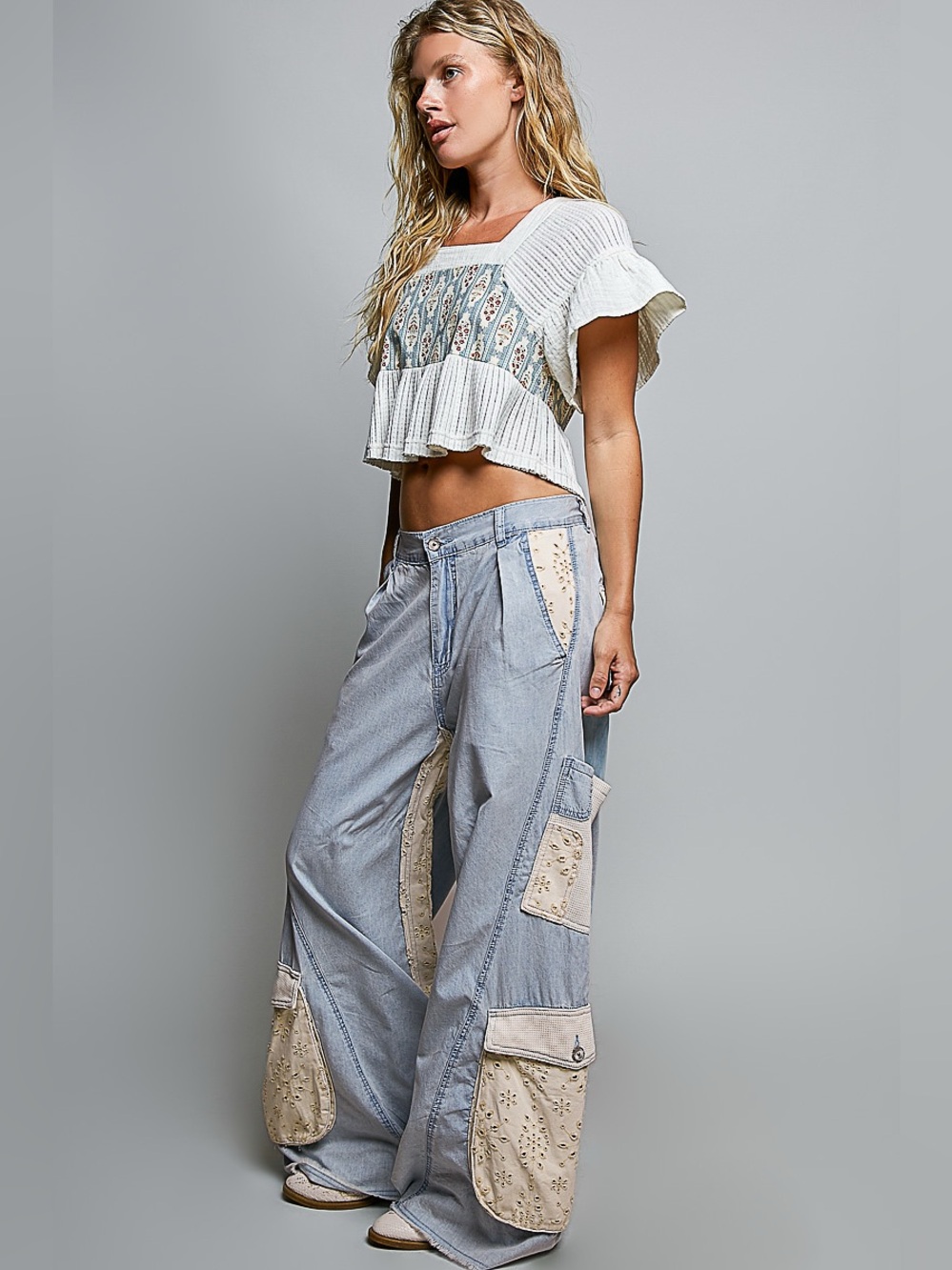 POL Cream jeans boho patchwork pocket Light Blue Patchwork Wide-Leg cargo Jeans - Picture 4 of 6